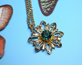 1960s Flower Pendant Necklace Emerald Rhinestone - Gold Tone