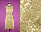 60s Damask Belted Wiggle Dress Tapestry Fabric Bodycon Mod - Mad Men 30 quot Waist Medium Large