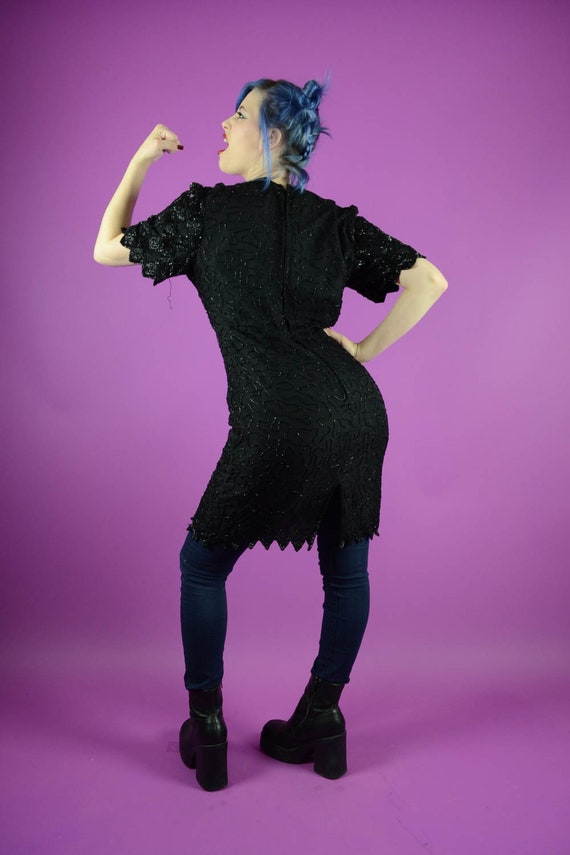 90s Black Beaded Mini Dress - Formal Cocktail Dres