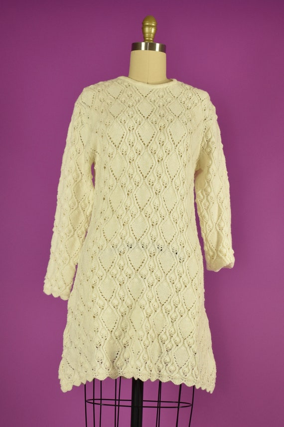 60s Mini Sweater Dress Crochet Mini Dress in Beig… - image 5