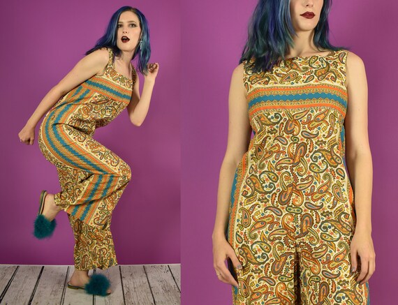 60s Paisley Jumpsuit Overalls Sleeveless Reversibl