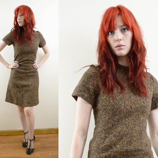60s Tweed Shift Dress Brown Vintage Mod A-line Secretary Knee Length High Collar Professional Mad Men // Xs Small