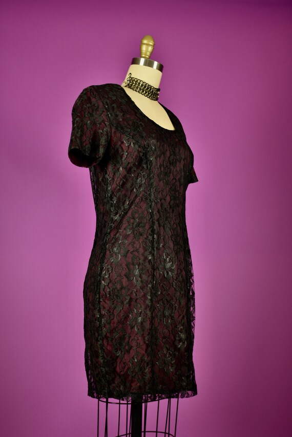 90s Lace Mini Dress Wine Taffeta Black Lace Cockt… - image 2