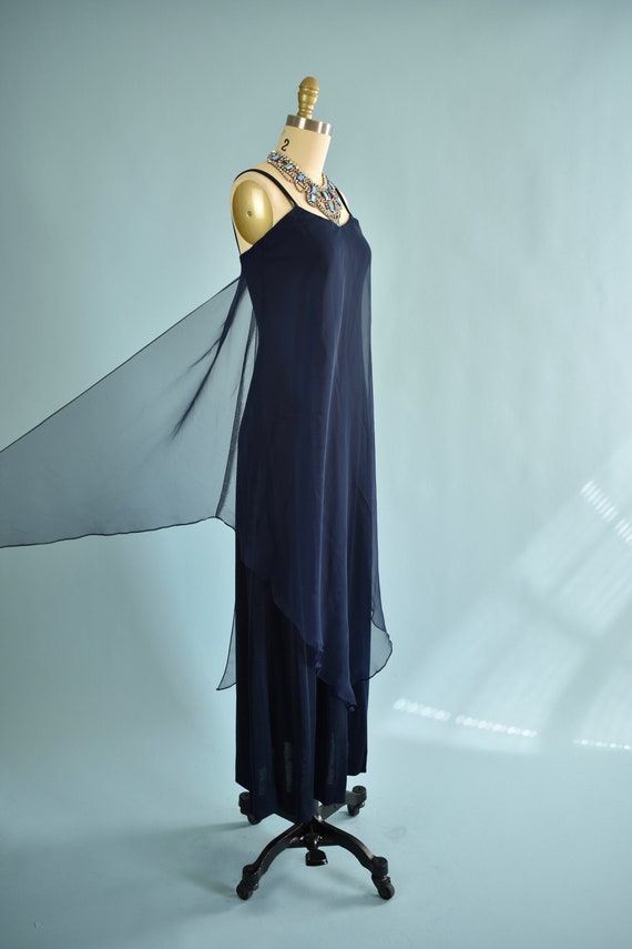 1970s Neiman Marcus Maxi Dress - Sweetheart Neckline Full Length Navy Blue Jersey Knit Cape Dress by Designer Pat Richards // 28" Waist