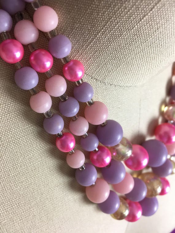 50s Bubblegum Bead Necklace - 3 Strand Bib Neckace - image 2