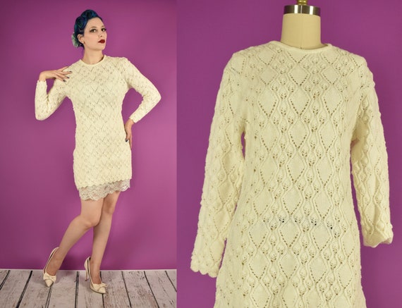 60s Mini Sweater Dress Crochet Mini Dress in Beig… - image 1