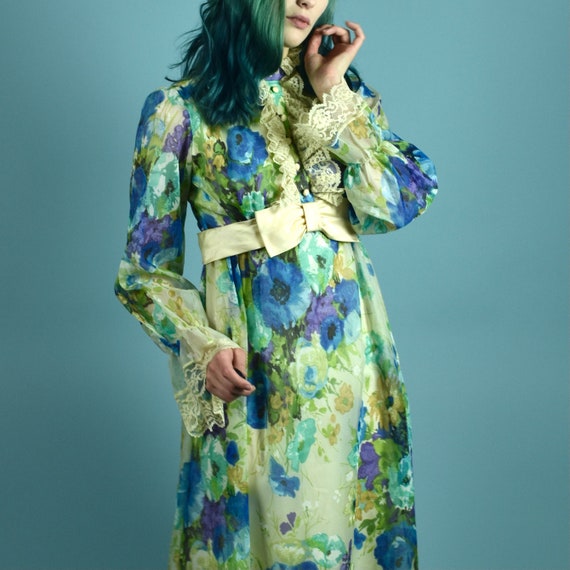 1970s Blue Poppies Prairie Dress - image 1