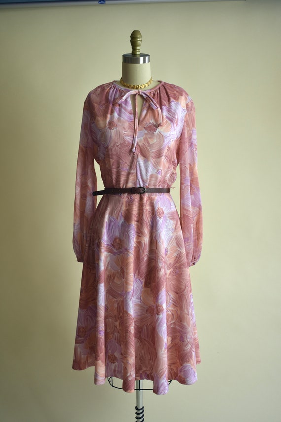 1970s Abstract Floral Dress w Balloon Sleeves // … - image 2