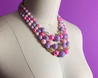 50s Bubblegum Bead Necklace - 3 Strand Bib Neckace