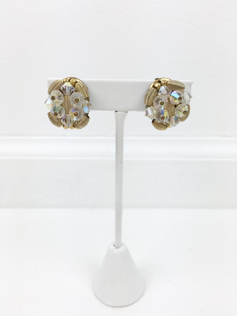 1960s Aurora Borealis Crystal Earrings Clip On Pinup Mad Men Retro