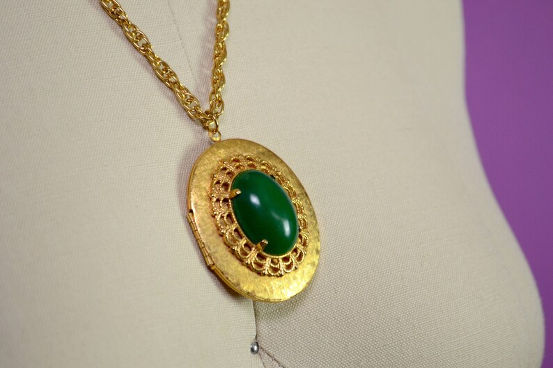 Gold Filigree Locket Necklace Green Stone