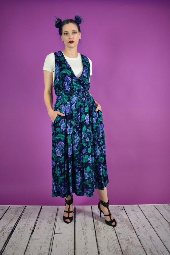 Vintage Floral Overall Dress Green and Purple - 19