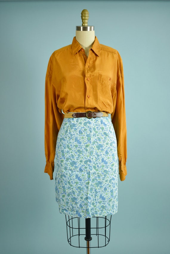 60s Blue Paisley Print Skirt A-Line Above Knee Len