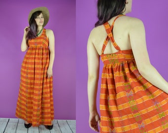 70s YOUNG INNOCENT Ikat Print Maxi Dress Boho Aztec Print Maxi Full Skirt Scoop Neck Empire Waist // Small