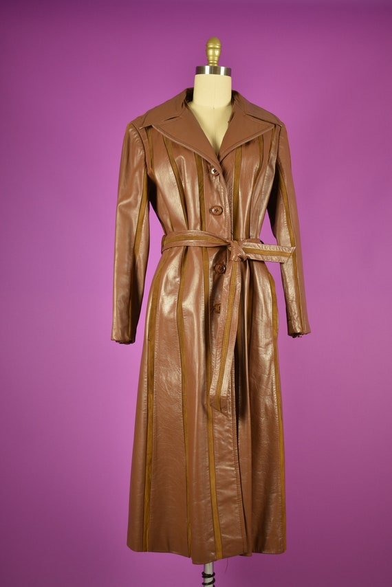 1970s Striped Leather Trench Coat in Caramel Brow… - image 2