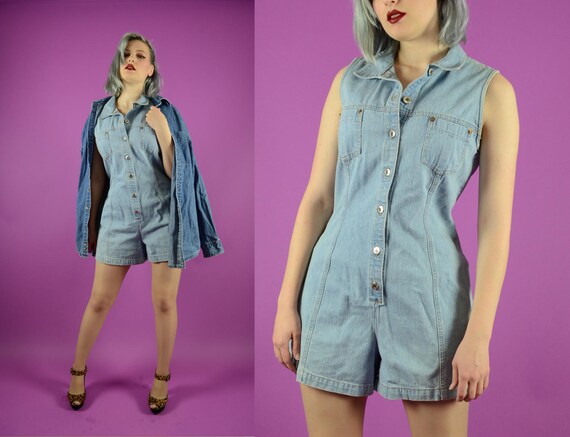 90s Riveted Denim Romper - Jumper Shorts Mini Romp