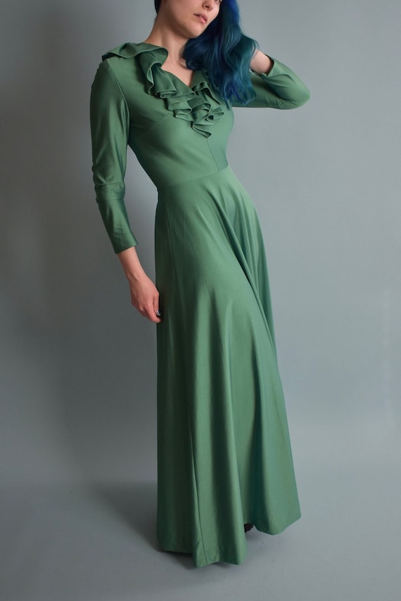 1970s Nylon Maxi Dress w/ Ruffle Neckline Emerald… - image 1