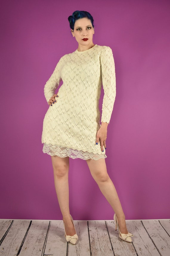 60s Mini Sweater Dress Crochet Mini Dress in Beig… - image 3