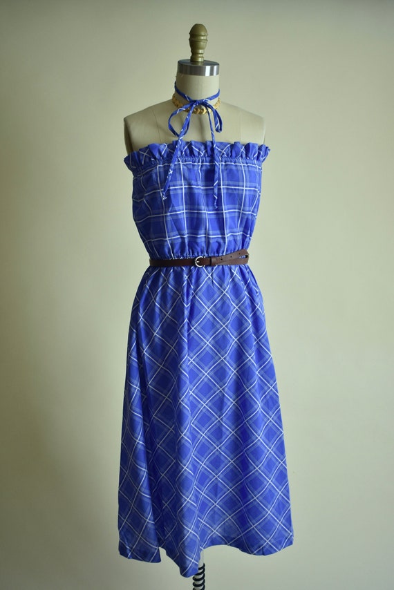 Wendy - 1980s Strapless Plaid Picnic Dress in Corn