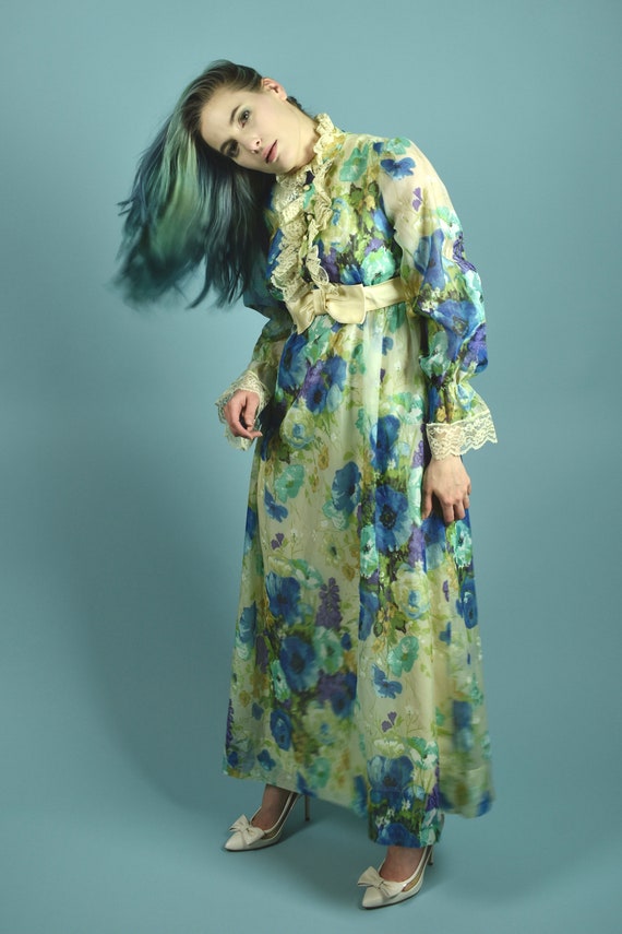 1970s Blue Poppies Prairie Dress - image 2