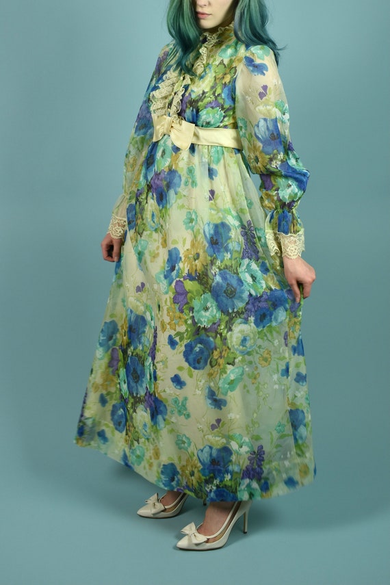 1970s Blue Poppies Prairie Dress - image 3