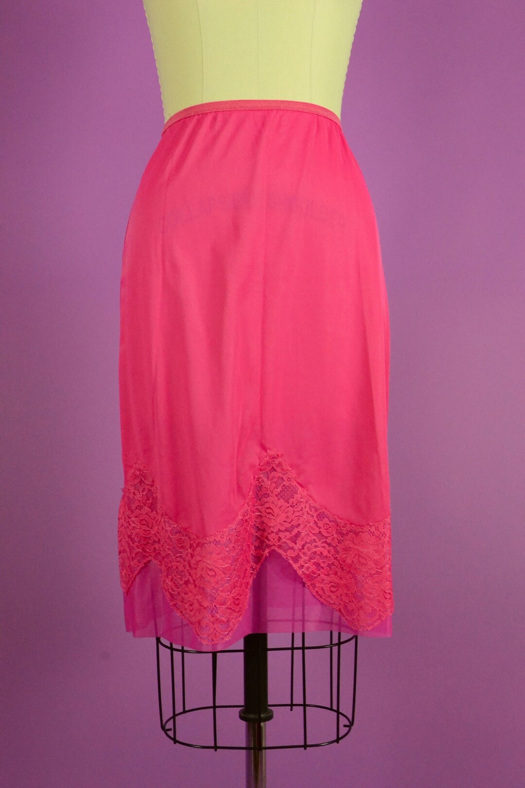 Vintage Hot Pink Half Slip With Lace Trim Tricot 100 Nylon // Xs Small