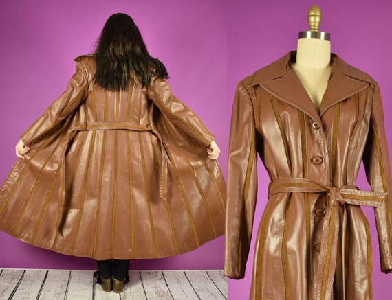 1970s Striped Leather Trench Coat in Caramel Brown