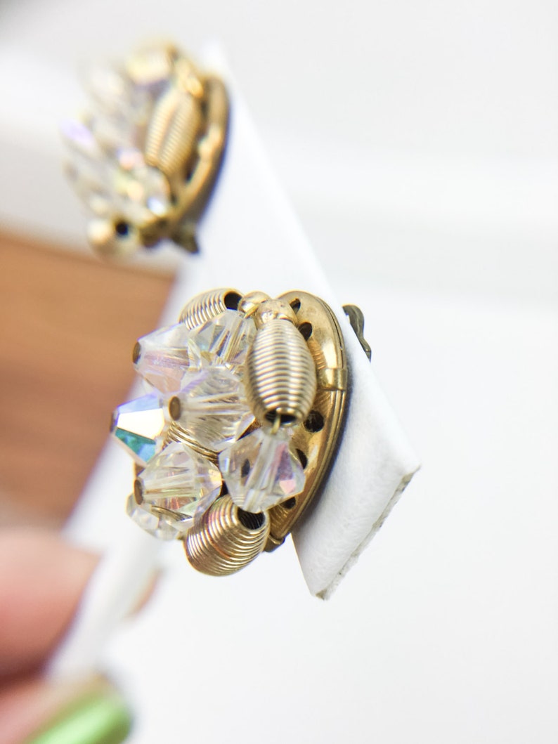1960s Aurora Borealis Crystal Earrings Clip On Pinup Mad Men Retro