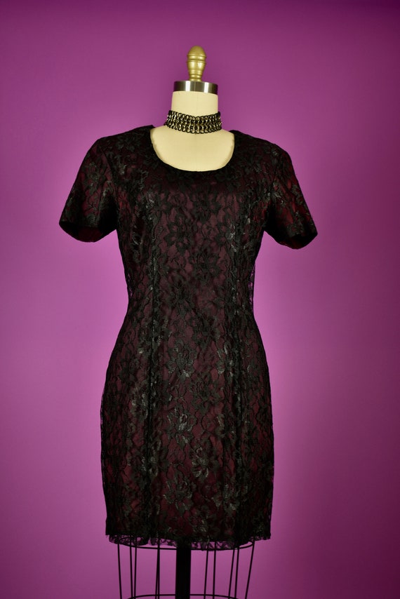 90s Lace Mini Dress Wine Taffeta Black Lace Cockt… - image 1