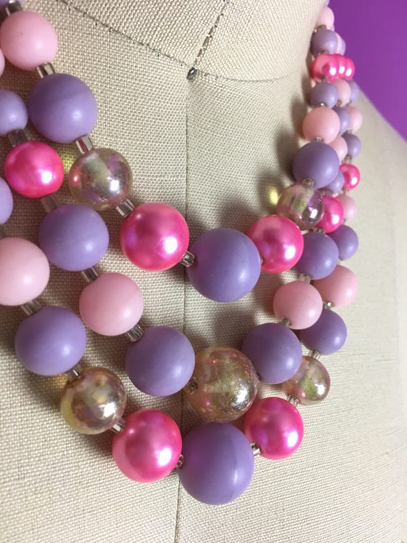 50s Bubblegum Bead Necklace - 3 Strand Bib Neckace - image 3