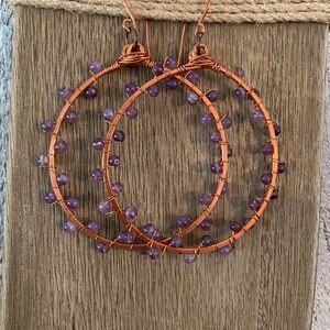Amethyst Hoops-Copper Hoops-Large Hoop Earrings-Gemstone Hoops-Hammered Hoops