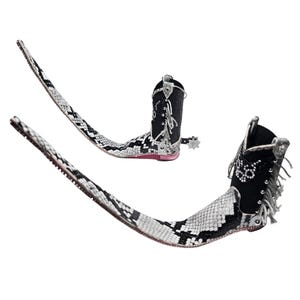 May include: A pair of black cowboy boots with a snakeskin pattern and rhinestones. The boots have a long, pointed toe and a high heel. The boots are decorated with fringe and a spur.
