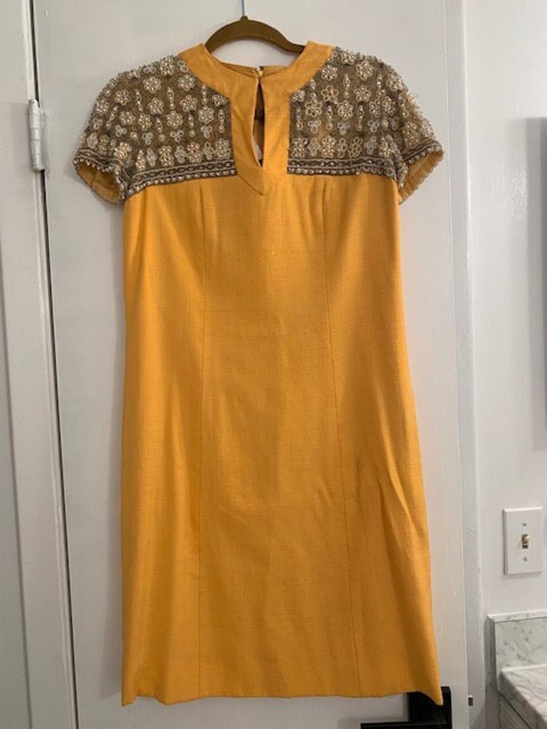 1960s Yellow Linen Dress with Sequin Floral Top