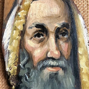 Vintage Painting-Rabbi on Tree Wood Slice-Collectible Jewish Art-Rustic Home Decor-Judaic Housewarming or Wedding Gift-Religious Art-REDUCED