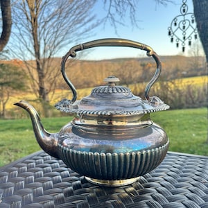 May include: A silver-plated teapot with a curved spout and a brass handle. The teapot has a decorative, ribbed body and a detailed lid with a small finial. The teapot is sitting on a dark, textured surface.