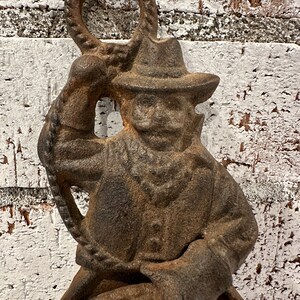 Vintage Cast Iron Door Knocker, Rustic Western Style Rodeo Cowboy with Lasso Rapper, Architectural Decor