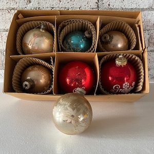 Mid Century Christmas Tree Ornaments, Assorted Set of 7 Vintage Glass, Stenciled, Large Oversized Retro Collection, Holiday Decor