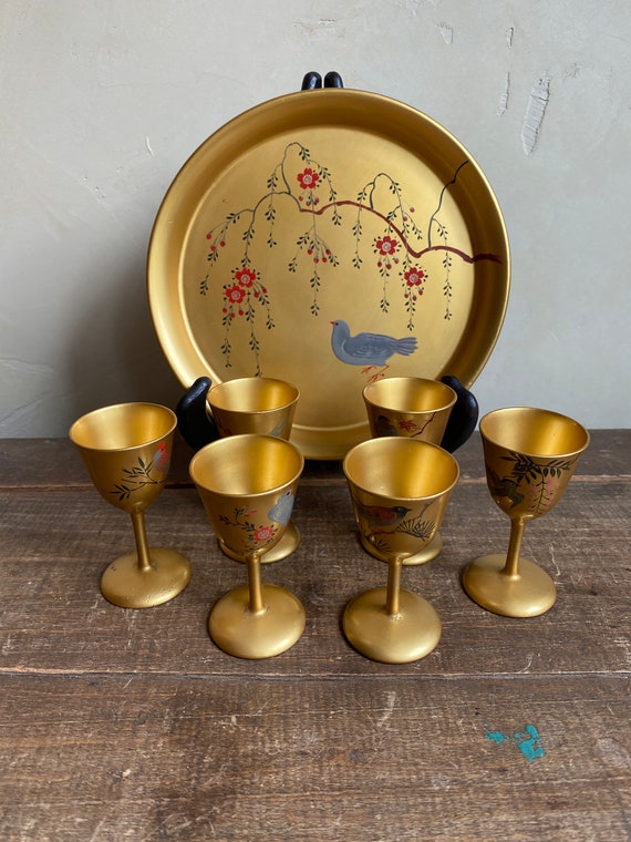 Vintage Japanese Gold Lacquer Sake Set: Hand-painted Birds