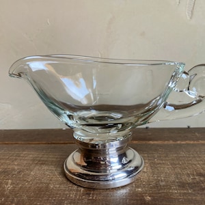 Vintage Gravy Boat, Glass with Footed Silver Base, Unmarked Indiana Glass Norse Style, Elegant Mid Century Sauce Boat, Holiday Table