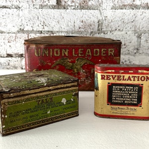 Antique Tobacco Tins-Set of 3-Busted Up & Rusty but still Cool! Tin Advertising Metal Bank Box-Tobacciana-Photo Props-Rustic Home Decor