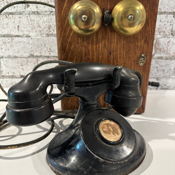 Antique Western Electric Telephone Hand Crank Wall Mount Oak Ringer Box with Desk Phone, Rustic Home Decor, Photo Prop Display Vintage Phone