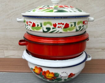 Vintage 1950's Covered Casserole Dishes by Bumper Harvest of China-Mid Century Enamelware-Shabby Cottage-Stenciled Design-CHIPPY-Cottagecore
