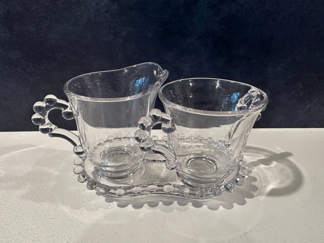 Vintage Candlewick Sugar & Creamer Set W/beaded Traymid Century
