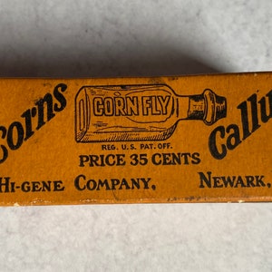 Vintage Medicine Bottle in Original Box-Corn&#39;s Callus Master Remedy-Hi-Gene Co Newark NJ-Corn Fly-Antique Advertising Collectible