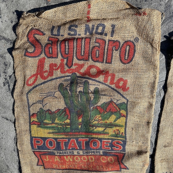 Vintage Potato Sacks-Authentic Saguaro Arizona Cactus Theme Burlap Bags-Jute Advertising Gunny Sacks-Upcycle Projects-Rustic Farmhouse Decor