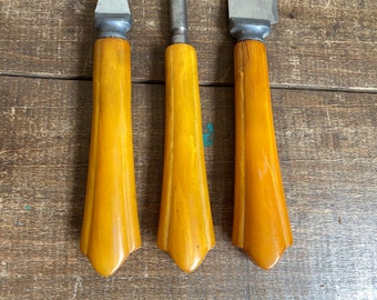 Vintage Bakelite 3 Piece Carving Set-Art Deco Style Meat Cutlery w/Butterscotch Handles-Mid Century Flatware Serving Utensils-REDUCED