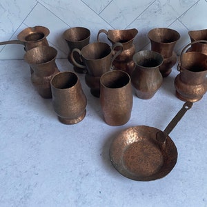 Vintage Copper Miniatures by Calderon Co Inc NY-Reproduction Antique Vessels-Rustic Home Decor-Doll Size Child&#39;s Toys-Set of 12-REDUCED
