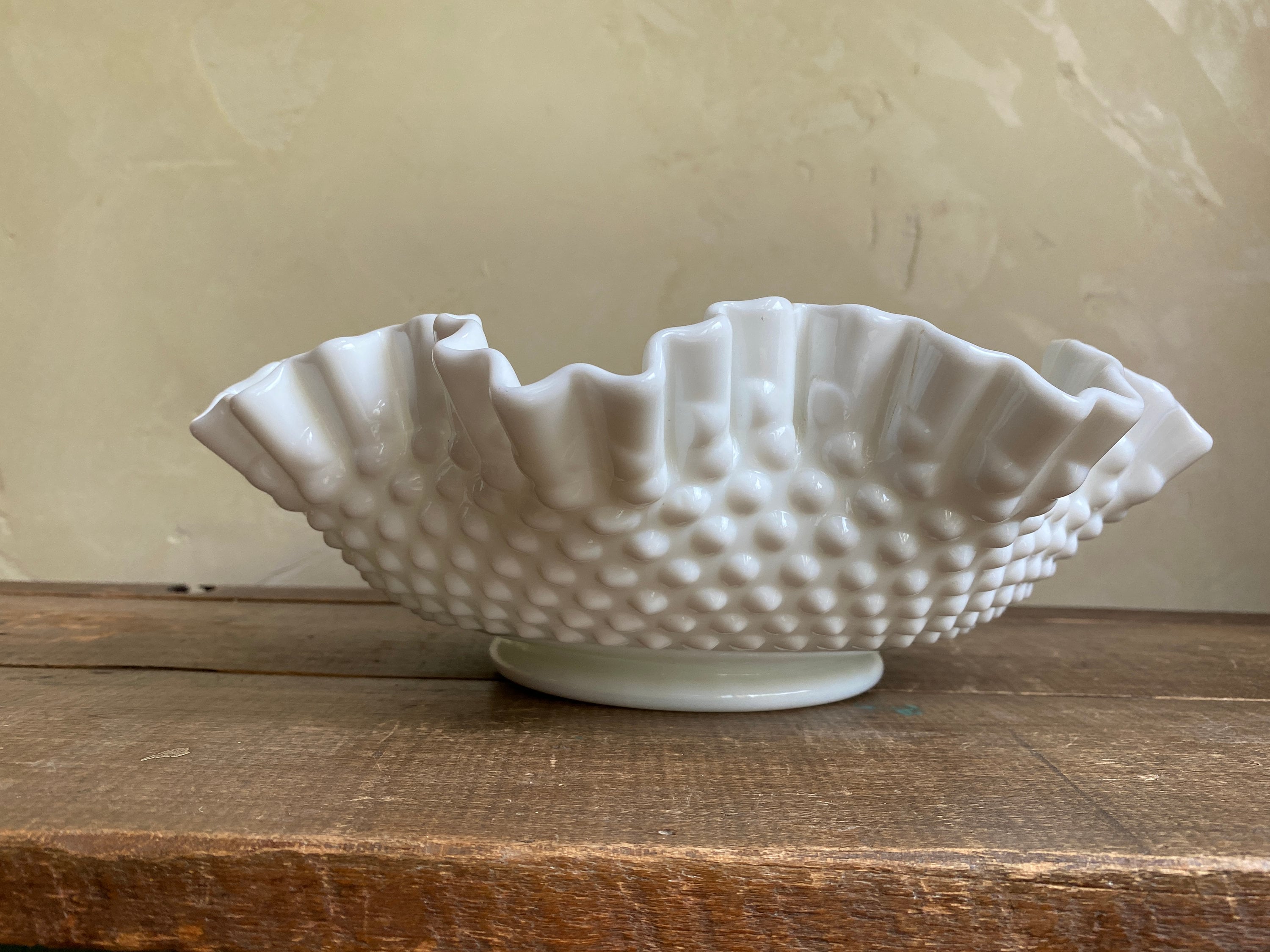 Vintage Fenton Large White Hobnail Milk Glass Fluted BowlMid Century