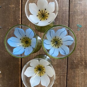 Vintage Hand Painted Cordial Cocktail Glasses, Handblown Bohemian Floral Stemware, Set of 4 Decorative Shot Glasses, Barware, Cottagecore