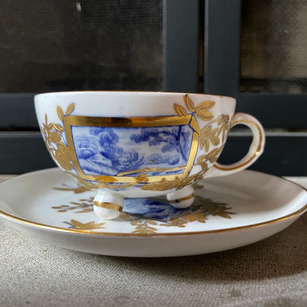 Antique Victorian Davenport Porcelain Demitasse Cup and Saucer- Blue & Gold 3 Footed Imari Pattern Cabinet Set-Collectible Miniature Teacup